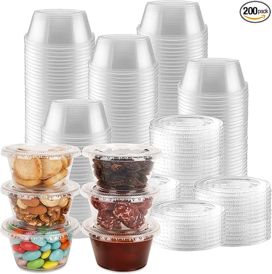 Jello Shot Cups with Lids, 3.25 oz Plastic Portion Cups with Lids, BPA-Free Disposable Condiment Dipping Sauce Cups, Leak-Proof Small Containers for Salad Dressing, 200 Count