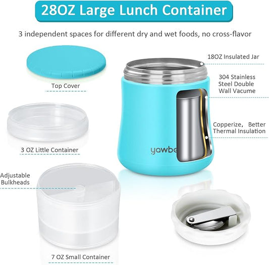 Thermos For Hot Food, 28OZ Soup Thermos For Adults, 2 In 1 Insulated Food Jar, Yogurt Container, Snack Cereal To Go Container, Leakproof Stainless Steel Vacuum Lunch Thermal With Spoon (Blue)