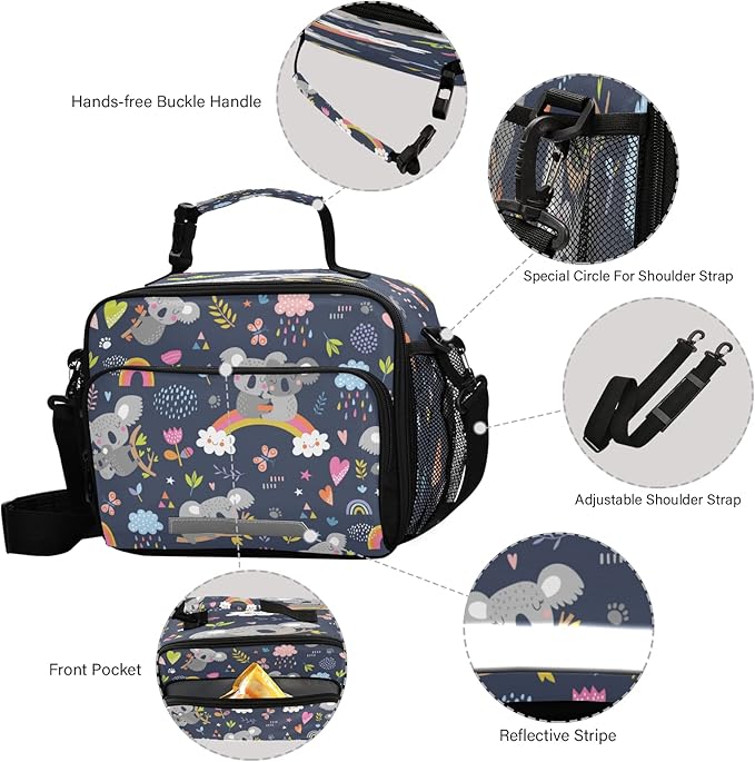 Rainbow Koala Floral Lunch Box for Kids Adults Animals Pattern Insulated Lunch Bag with Shoulder Strap Reusable Cooler Bags Lunch Tote for Office School Girls Boys Teens