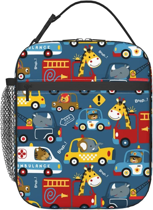 Insulated Lunch Box for Toddler Boys Kids Cars Lunch Box for Work,Picnic,School,Travel,Hiking,Beach or Fishing Polyester Funny Animal Driver Cars Theme Lunch Bag