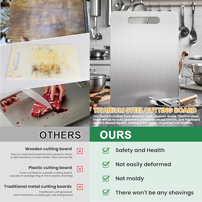 2 PackTitanium Cutting Boards 100% Pure Titanium for Kitchen .Cutting Edge Hygiene & Durability.Double sided food-grade Titanium Cutting Board For Meats Fruits And Vegetables. Easy to Clean（M+L)