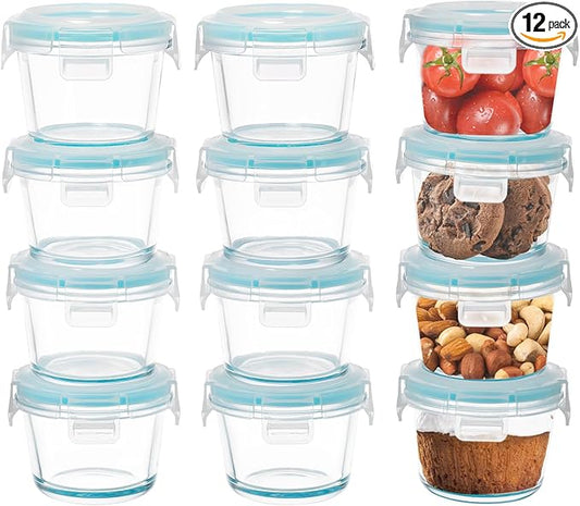 Small Glass Containers 12 Pack, 5oz Reusable Mini Food Storage Containers with Lids, Airtight, Leakproof