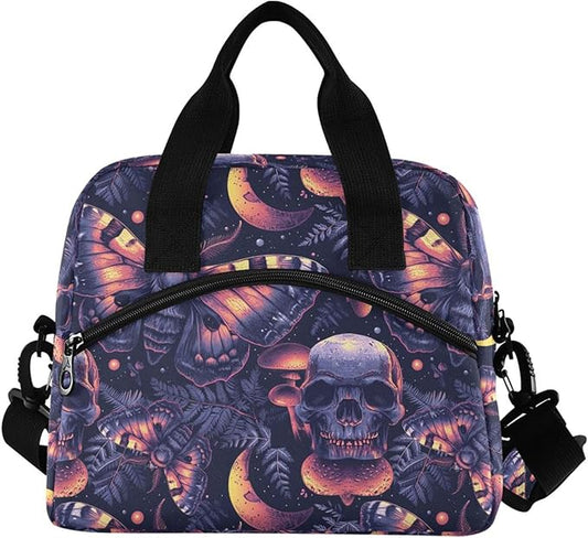 MNSRUU Insulated Lunch Bag Gothic Skull Butterfly Women Men Fabric Dinner Tote Cooler Bag Reusable Leakproof Lunch Box with Adjustable Shoulder Handles Strap For Work School