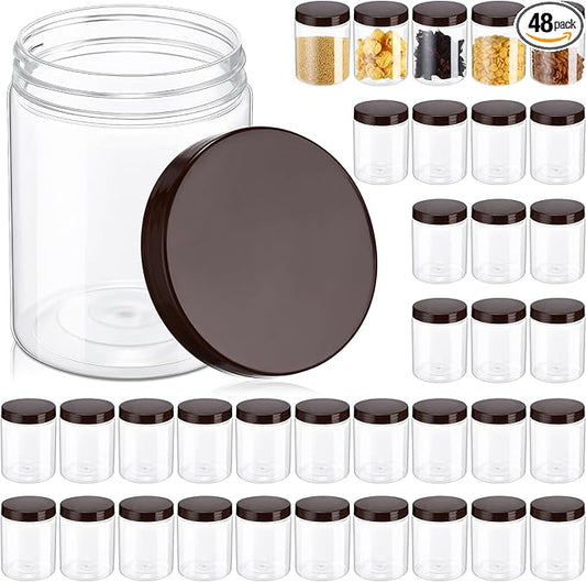 Aoriher 48 Pcs 8oz Plastic Mason Jars with Lids Round Clear Plastic Jars Containers Refillable Small Empty Storage Containers Food Canisters for Kitchen Storage(Brown)
