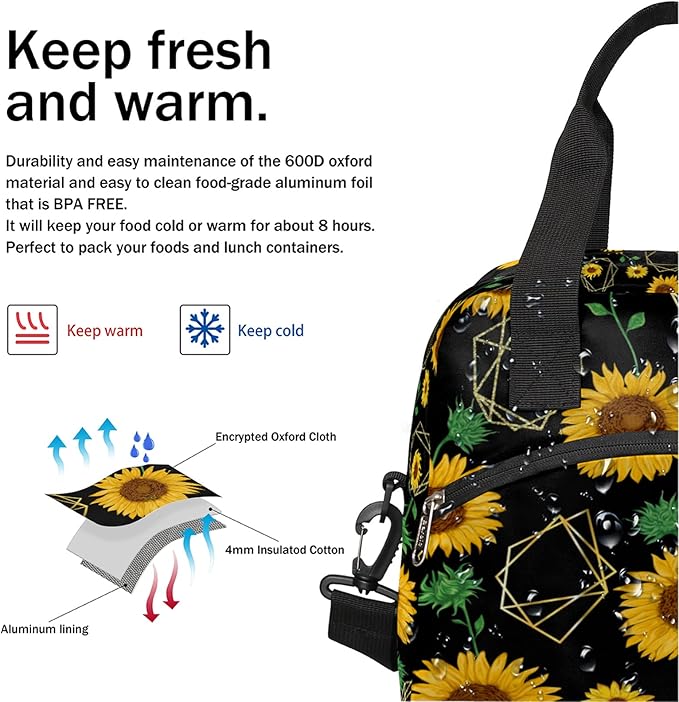 Pardick Sunflower Insulated Lunch Bag Flower Geometry Lunch Box for Women Girl with Shoulder Strap Tote Bag Reusable Large Containers Meal Prep for School Work Travel Picnic Thermal Cooler Bag