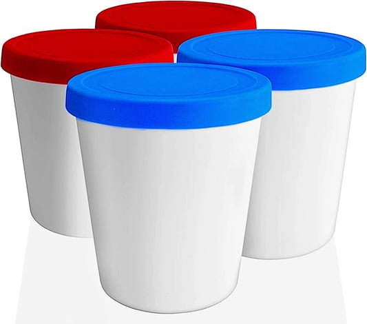 LIN Ice Cream Containers 4-Pack - 1Quart Reusable Round Storage Tubs for Homemade Ice Cream & Frozen Treats, Silicone Lids - Non-BPA Plastic - Dishwasher-Safe - No Freezer Burn