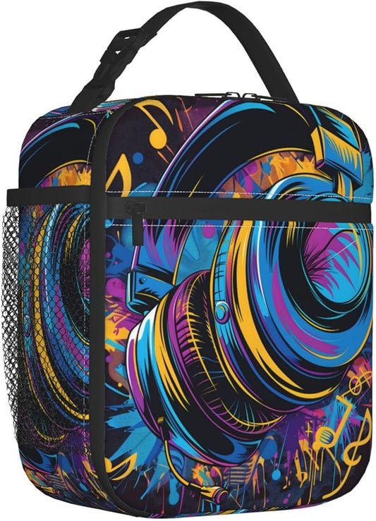 Insulated Lunch Box for Kids Boys Girls, Reusable Lunch Bag for School, Office, Work, Picnic, Travel, Headphones and Music Notes Lunch Box