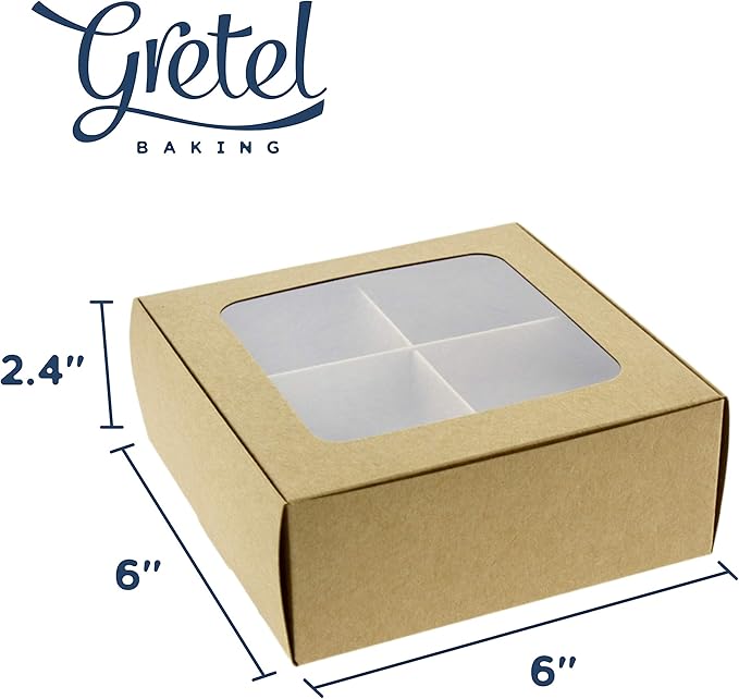 Treat boxes with window and dividers | 4 MEDIUM compartments | 6 x 6 x 2.4 in | Valentine treat boxes, baked goods packaging, box for cookies, pastry packaging | 24-pack (Kraft)