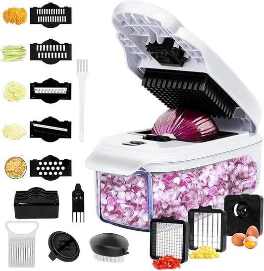 Vegetable Chopper, Food Chopper with Vegetable Brush, Vegetable Slicer with 8 Blades, Onion Holder for Slicing, Lemon Slicer, Kitchen Chopper Slicing Tool for Meat, Onion, Potato, Tomato (16 in 1)