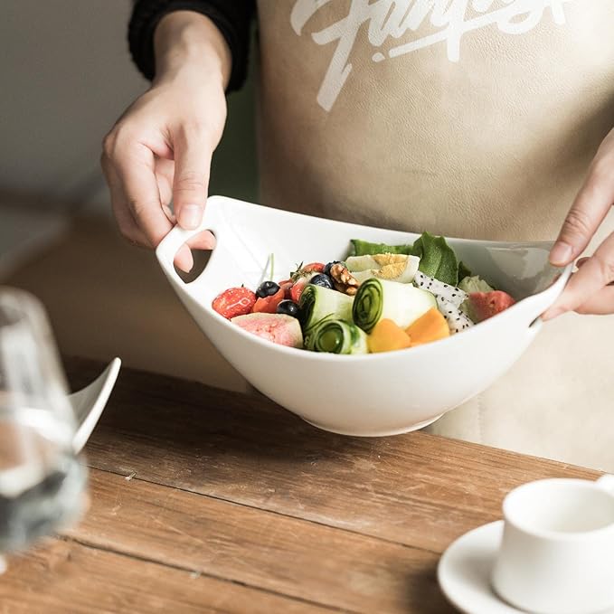 Gomakren Serving Bowls with Handles, Serving Dishes, Porcelain Salad Bowls Mixing Bowl for Entertaining, Nesting Bowl Set of 3, Microwave Dishwasher Safe, 15/28/47 oz, White