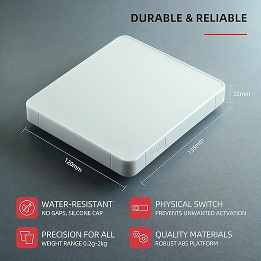 Portable Coffee Scale,Electronic Digital Espresso Scale with Timer,2kg/0.1g High Precision,USB Type-C Charging,Rechargeable 1800mAh Battery White