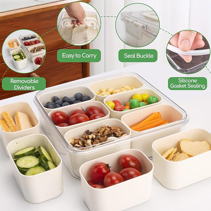 Divided Serving Tray with Lid and Handle, Portable Snack Box Container, 6 Compartments Veggie Fruit Snackle Tray, Charcuterie Platter Box Container for Party, Nuts, Snacks, Entertaining, Picnic,2 Pack