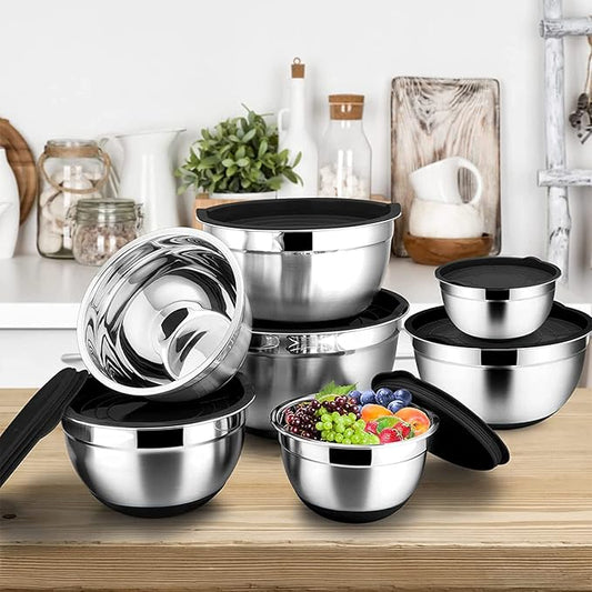 Menbyci 6 Pcs Mixing Bowls with Lids,Stainless Steel Mixing Bowls with 3 Grater Attachments,Non-Slip Bottoms,Kitchen Utensils,Mixing Bowl Set for Kitchen Mixing Baking Prepping Cooking Serving,Black