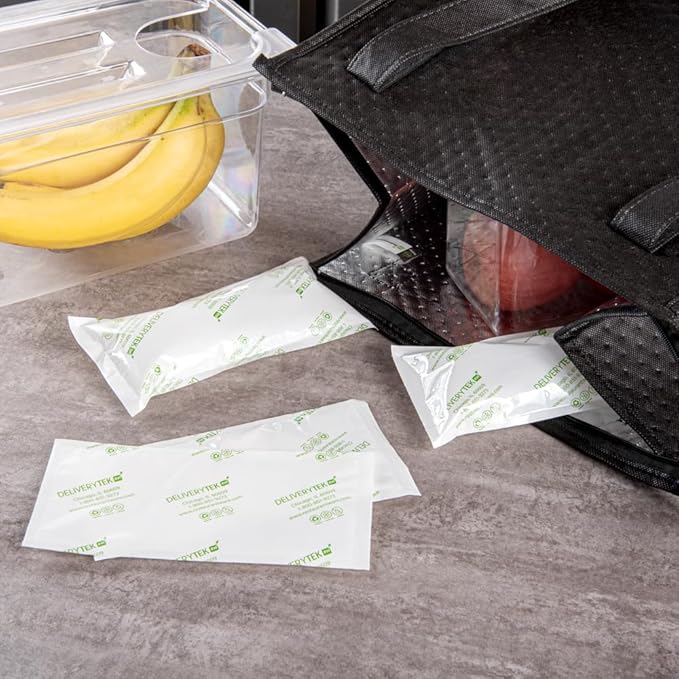 Restaurantware Delivery Tek 7.9 x 3.7 Inch Shipping Ice Packs 100 Durable Cold Packs - Easy-To-Use Design Leakproof Plastic Dry Ice Packs Reusable For Frozen Meat Vegetables or Beverages