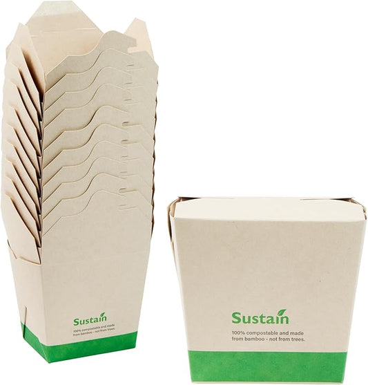 Restaurantware Sustain 16 Ounce Sturdy Paper Take Out Boxes, 50 Disposable Take Out Food Containers - With PLA lining, Compostable, Bamboo Paper Containers, Built-In Tab-Lock Cover, Greaseproof