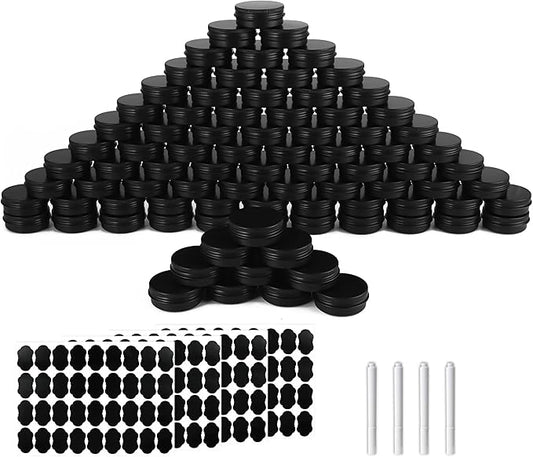 102 Pack Round Cans with Screw Lid 1 OZ Aluminum Metal Tins,for DIY homemade lotion bars, salves, and candles, Balms, Spices, Beard Balm, Crafts with 4 Markers 5 Sheets Label Stickers (Blcak)