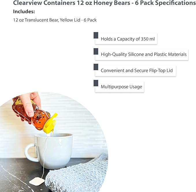 6 Pack of 12 Ounce Translucent Honey Bears with Sealable Yellow Flip Top Lids (12 oz. Translucent Bear, 6pk, Yellow)