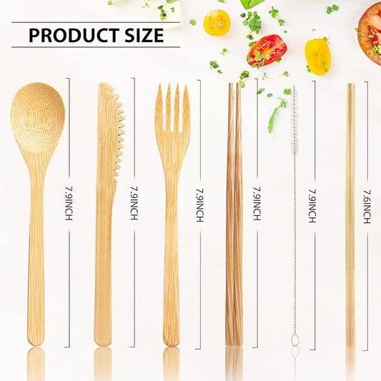 4 Sets Bamboo Utensil Travel Cutlery Set, Reusable Bamboo Utensil Fork Knife Spoon Chopsticks Straw Cleaning Brush for Eating Travel Picnic Office School (Vintage Style)