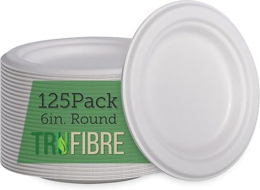 6" Paper Plates, Compostable Bagasse Food Container, Disposable, Microwave Safe for Lunch, Dinner, Party, Supplies, Events, Bulk, 125 Pack