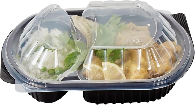 RW Base 28 Ounce Meal Prep Containers, 100 Microwavable To Go Containers With Lids - 2 Compartments, Disposable, Black Plastic Oval Food Containers, For Hot And Cold Food, Freezable - Restaurantware
