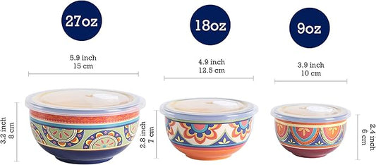 Bico Tunisian Ceramic Bowl with Air Tight Lid Set of 3(27oz, 18oz, 9oz each), Prep bowls, Food Storage Bowl for Salad, Snacks, Fruits, Microwave and Dishwasher Safe