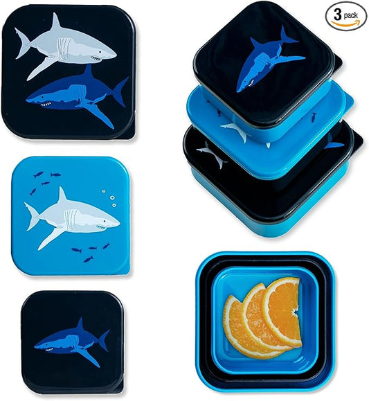 Wildkin Nesting Food Containers for Kids – Stackable, Airtight & Dishwasher Safe - Set of 3 - Sharks