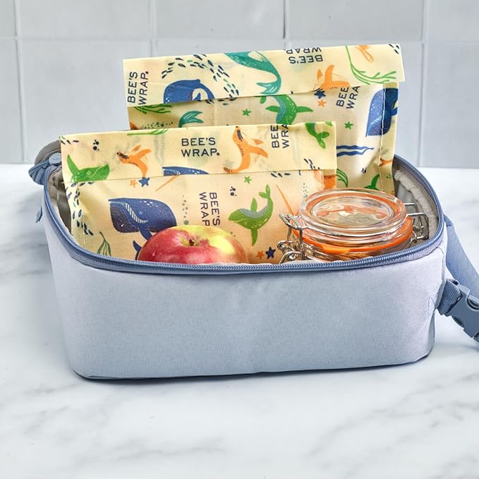Bee's Wrap Vegan Beeswax Wraps for Food - Under the Sea Sandwich Bag & Snack Bag, Made in USA Reusable & Organic Food Wraps, Sandwich Wrap - Eco-Friendly Alternative to Aluminum Foil & Plastic Wrap