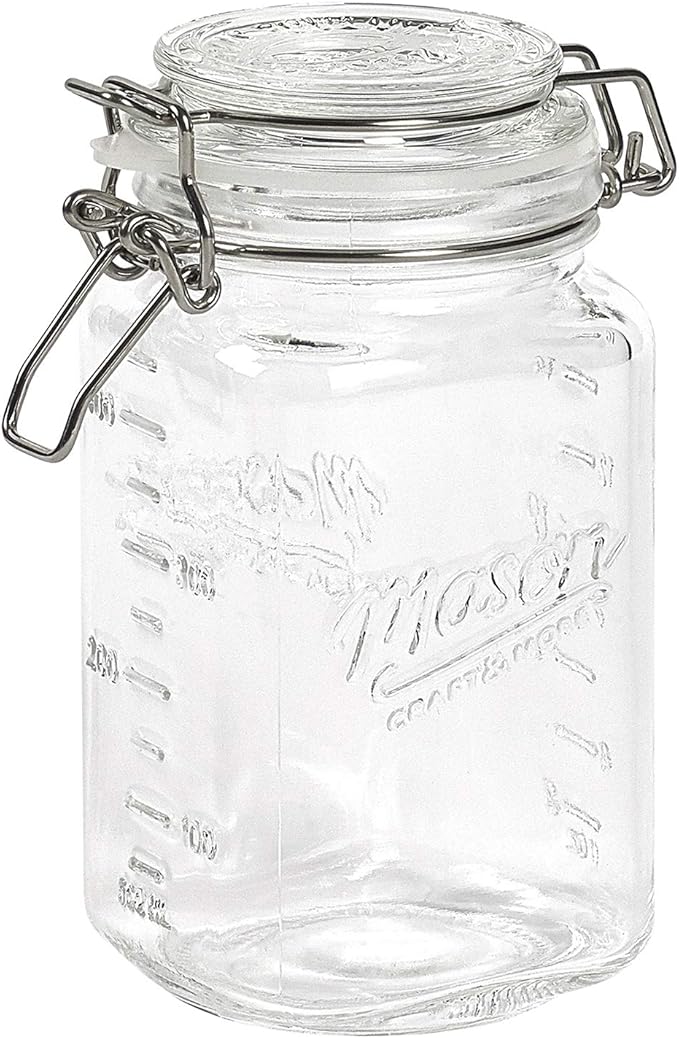 Mason Craft & More Airtight Kitchen Food Storage Clear Glass Clamp Jars, 50 Ounce (1.5 Liter) Medium Clamp Jar