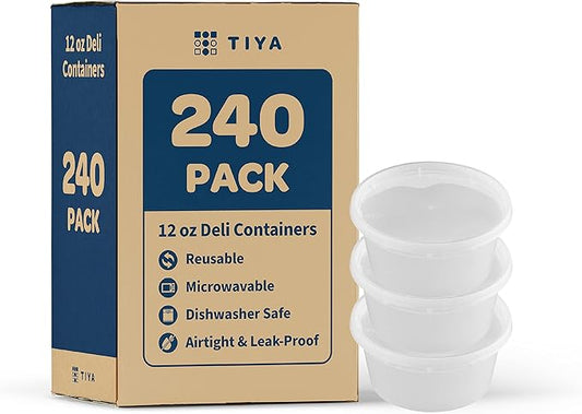 TIYA Takeout Food Containers - 12oz Bulk 240 Pack with Lids - Plastic Food Storage to-Go Containers - Reusable Microwavable Dishwasher Safe Takeout Cups - Airtight Leak Proof for Soups & Meal Prep