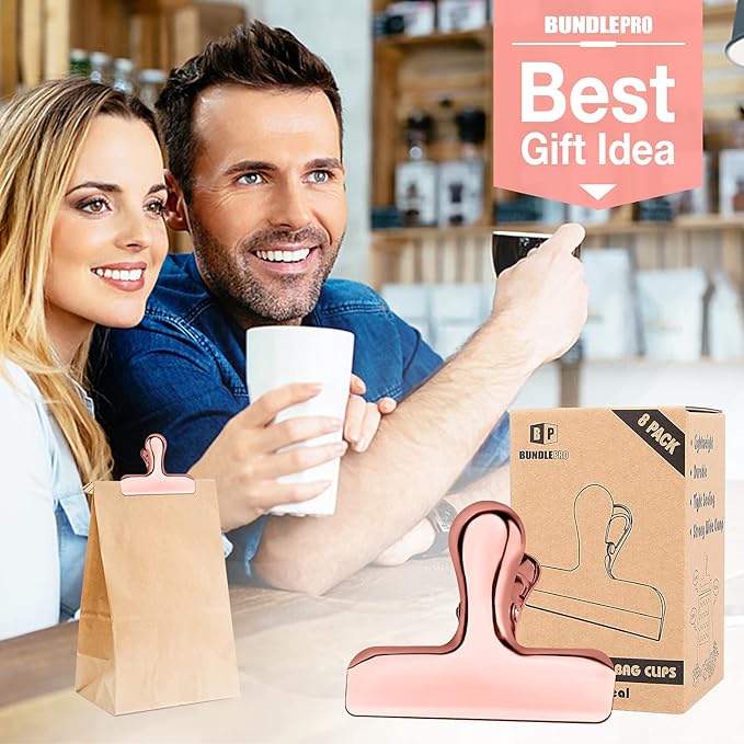 Pack of 8 Bag Clips, Stainless Steel and Heavy Duty Metal Bag Clip,Tightly Seals Chip, Coffee, Bread or Cereal Bags to Keep Food Fresh, for Home, Kitchen, Office, Pantry, Camping (Rose Gold)