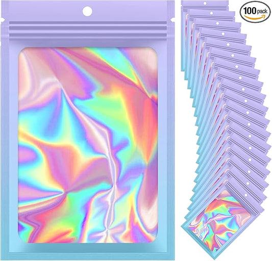 100 Pieces Resealable Mylar Bags, Smell Proof Bags with Clear Window for Food Storage Party Favor Packaging Small Business (Purple&Light Blue, 3.5×4.7 Inch)