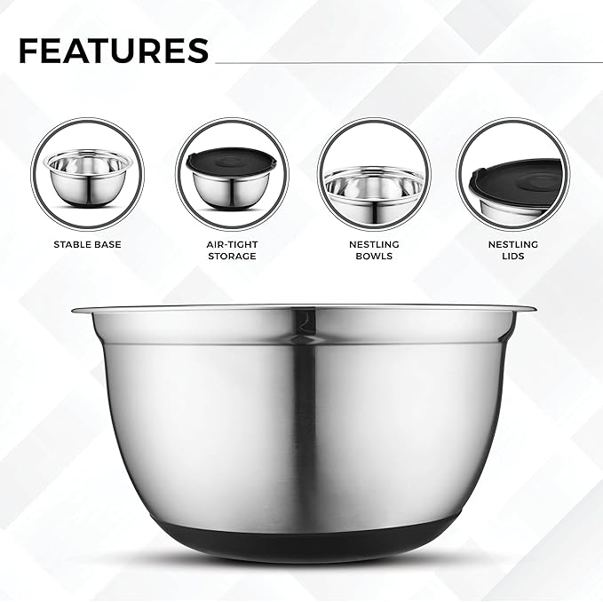 AVADOR Premium Stainless Steel Mixing Bowls, Set of 5 Brushed Stainless Steel Mixing Bowl Set, Easy To Clean, Space Saving, Great for Cooking, Baking, Prepping (7 pc Anti Slip Mixing Bowl + Whisk)