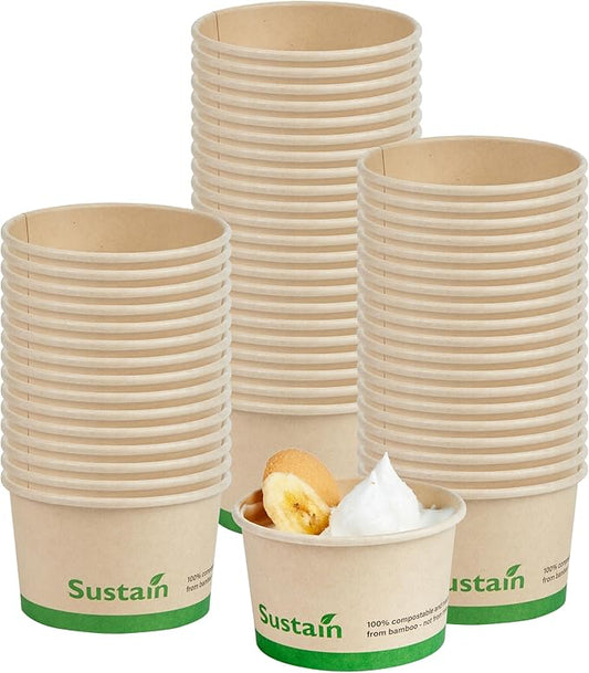 Restaurantware-Sustain 3 Ounce Paper Soup Containers, 50 Disposable Ice Cream Cups - Lids Sold Separately, With PLA lining, Bamboo To Go Hot Soup Bowls, Compostable, Greaseproof