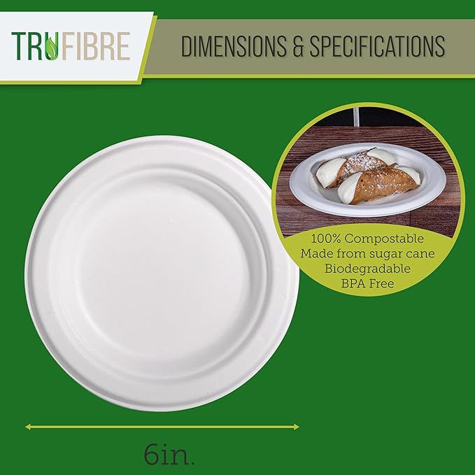 6" Paper Plates, Compostable Bagasse Food Container, Disposable, Microwave Safe for Lunch, Dinner, Party, Supplies, Events, Bulk, 125 Pack
