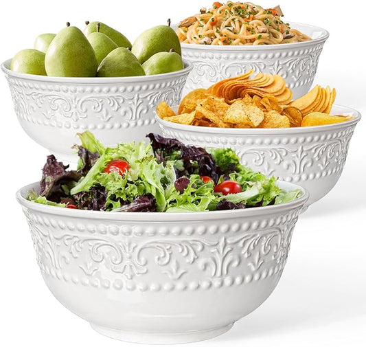 Large Salad Bowls Set of 4, 60oz White Serving Bowls Deep Deep Embossed Ceramic Mixing Bowl for Soup Kitchen, Eating, Ramen, Pasta, Dishwasher & Microwave Safe 8 inch (Brocade Flower)