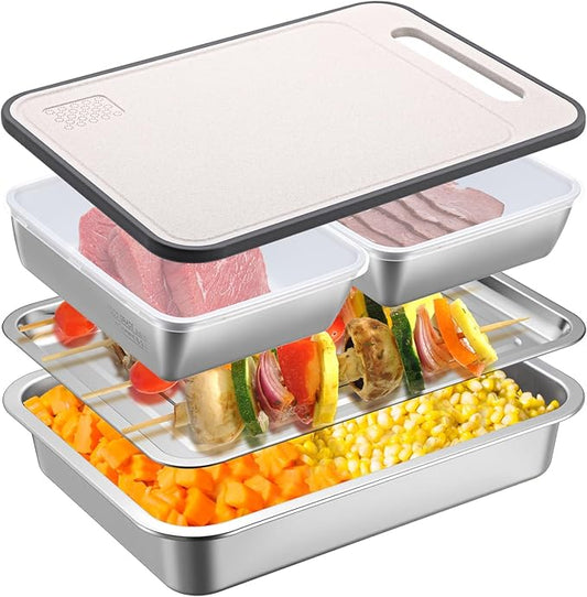 5 Pcs Grill Prep Trays Set BBQ Prep and Serve Include Stainless Steel Deep Grilling Platter Shallow BBQ Serving Tray Cutting Board 2 Pcs Marinade Containers with Lids