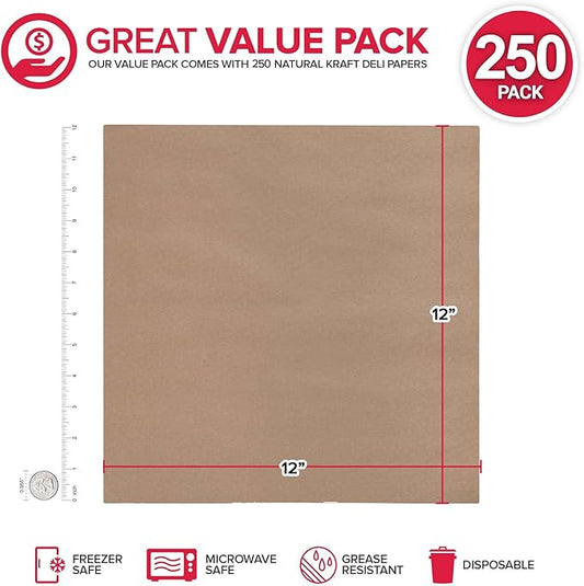 12” Deli Squares (250 Pack) - Natural Kraft Deli Papers - Greaseproof Liners for Food Boats - Pre Cut Deli Sandwich Wrappers - Food Basket Sheets for BBQ, Picnic, Festival, Fair - Stock Your Home