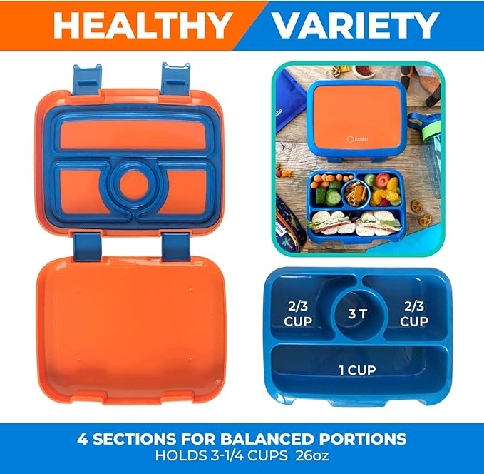 kinsho Bento Lunch Box for Kids Toddlers Boys, 5 Portion Sections Secure Lid, Microwave Safe BPA Free Removable Tray, Pre-School Kid Daycare Lunches Snack Container Ages 3 to 5, Blue Orange