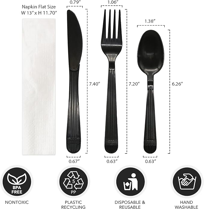 Party Essentials Individually Wrapped Black Plastic Cutlery Packets/Heavy Duty Silverware Kits, Fork/Spoon/Knife/Napkin, 100 Sets