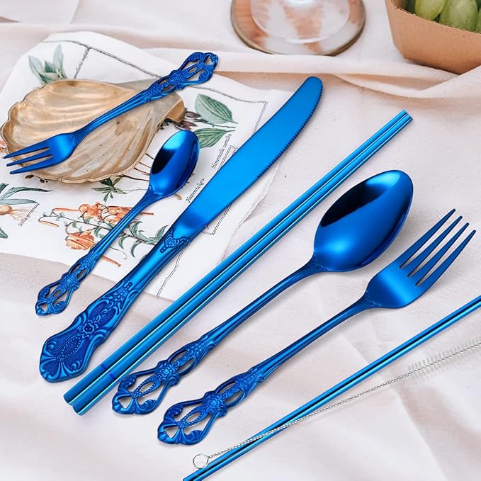 AARAINBOW 7 Pieces Stainless Steel Flatware Set Portable Reusable Cutlery Set Travel Utensils Set Including Chopsticks Knife Fork Spoon Straws Cleaning Brush Dishwasher Safe (G-Blue)