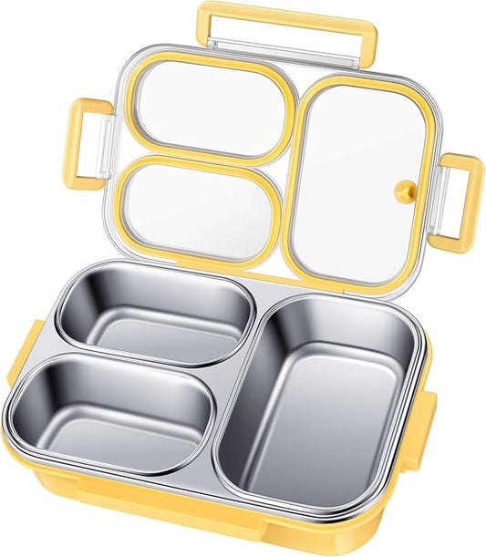 Stainless Steel Lunch Box for Kids & Adults - 25 oz - Leakproof 3 Compartment Metal Lunch Container - 18/8 Stainless Steel Bento Box - Ideal for School, Office & Outdoor - Dishwasher Safe (Yellow)