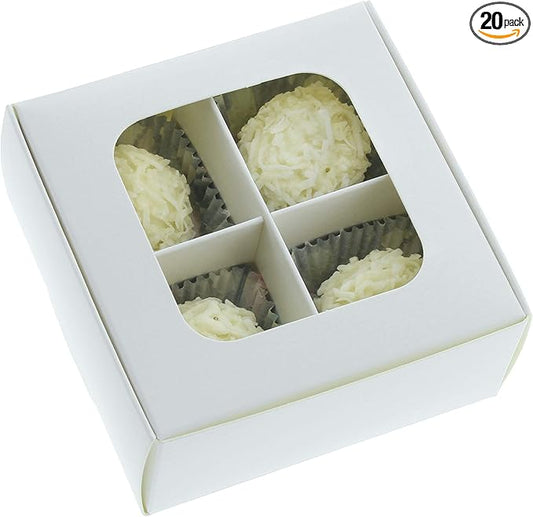 Treat boxes with window and dividers | 4 X-SMALL compartments | 3.5 x 3.5 x 1.57 in | Empty candy boxes for gift giving, truffle box - perfect for Valentine's Day | 20-pack (White)