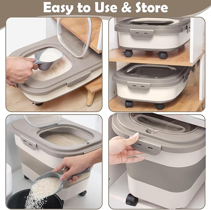 Rice Storage Container, 20Lbs Airtight Flour Container Rice Dispenser, Large Pet Dog Cat Food Storage Bin with Rolling Wheels, Scoop & Measuring Cup, Collapsible Kitchen Cereal Dry Food Holder