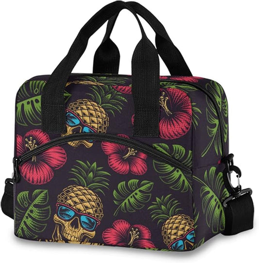 Hawaiian Pineapple Skull Insulated Lunch Bag Reusable Lunch Tote Bag Cooler Bag for Women Men Adult Lunch Box with Adjustable Shoulder Strap Leakproof Lunch Bag for Work School Picnic Camping