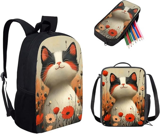 Dolyues Flower Cat Adorable Girls Backpack Set: 17 Inch Cute School Backpack, Insulated Lunch Bag & Pencil Case for Kids - Perfect for Elementary Students & Daily Use