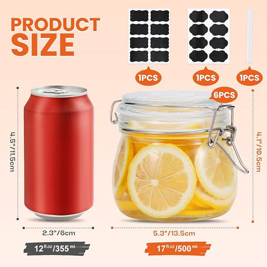17 oz Glass Jars with Airtight Lids And Leak Proof Rubber Gasket, Wide Mouth Mason Jars with Hinged Lids for Kitchen Canning Cereal,Pasta,Sugar,Beans,Spice, Glass Storage Containers, Set of 6