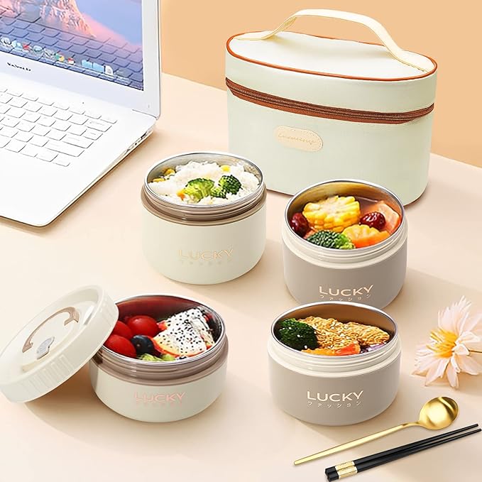Portable Insulated Lunch Containers, Stainless Steel Bento Box Adult Lunch Box with Insulated Lunch Bag, 4 Separate Stackable Lunch Container for Adult, White…