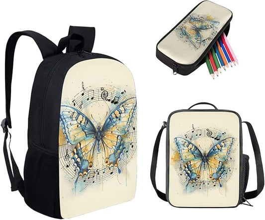Dolyues Vintage Butterfly 3-Piece Girls Backpack Set - Cute 17-Inch School Backpack with Lunch Box & Zipper Pencil Case or Students & Outdoor Adventures