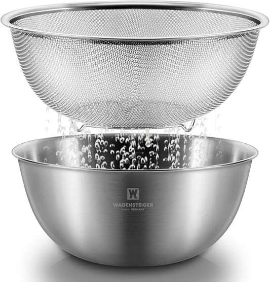 Stainless Steel Mixing Bowl and 3-Legged Colander Set, Multipurpose Kitchen Basket with Fine Mesh Colander, Salad Mixing Bowl with Strainer, Rinsing Vegetables & Fruits (24cm / 9.45")