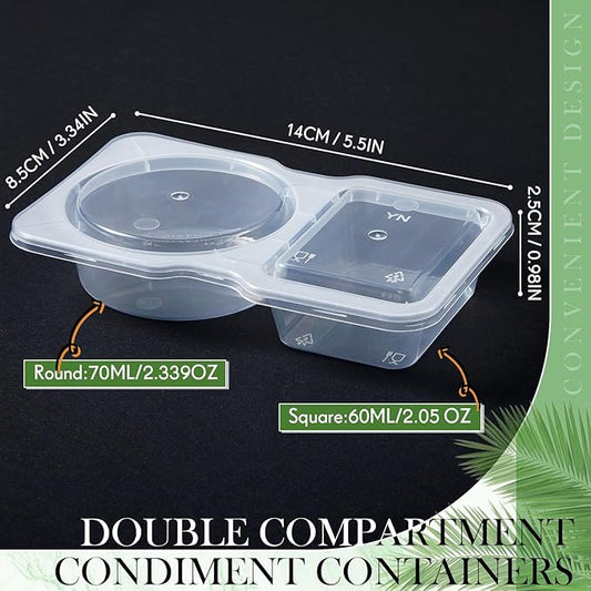 10 Pcs 5 oz Double Compartment Snack Containers with Lids Clear 2 Compartment Small Disposable Plastic Snack Box Container for Sauce Salad Travel Sampling